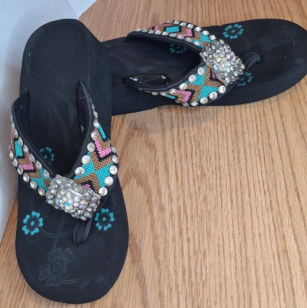 Montana West Womens 9 Wedge Flip Flops Black Southwestern Embroidered Rhinestone